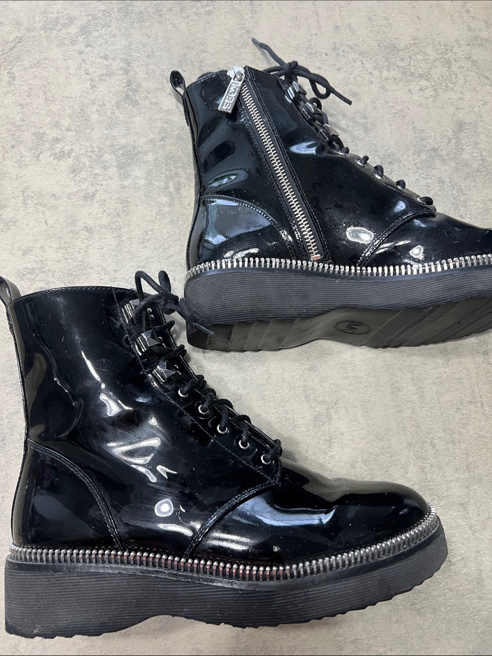 Michael Kors Black Patent Leather Lace-Up Ankle Boots with Silver Zipper Detail